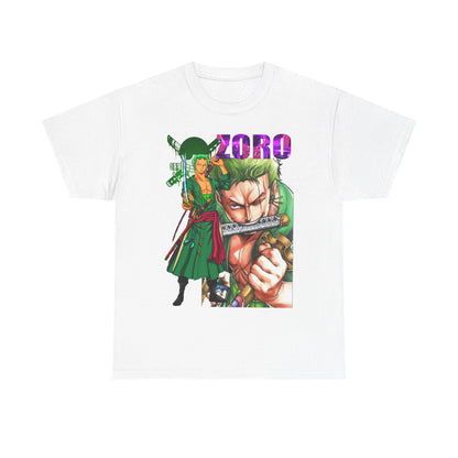 Elegant white Roronoa Zoro graphic t-shirt displaying a meticulously crafted image of Zoro in action, enhanced by striking colours and featuring bold lettering for a fashionable statement.