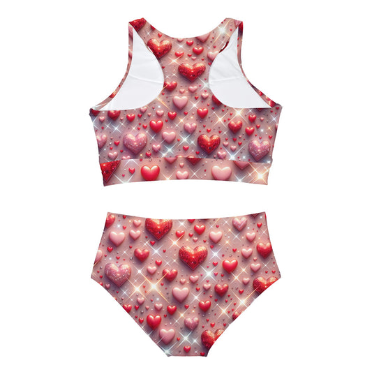 Pastel Pink Abstract Sporty Bikini Set for Women – Stylish, Quick-Dry Swimwear Collection showcasing a trendy heart pattern ideal for stylish summer outings by the pool.