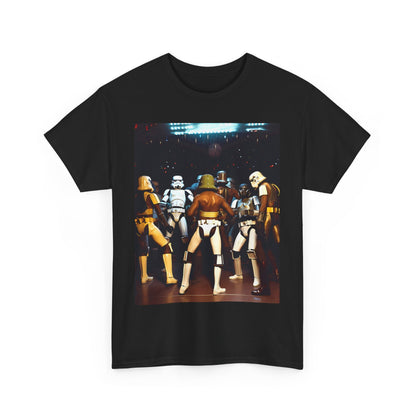 A sophisticated black men's t-shirt adorned with a striking graphic print of Star Wars Stormtroopers, presenting a bold and contemporary aesthetic.
