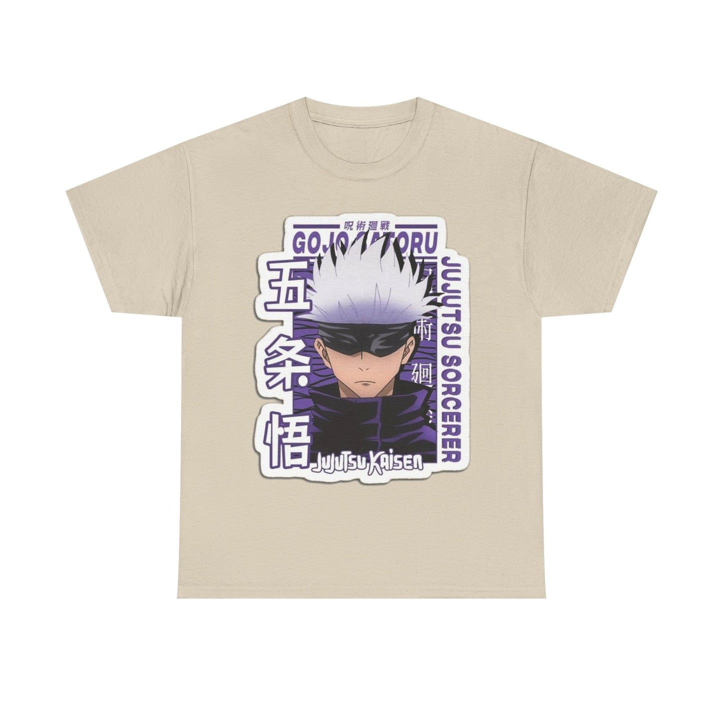 Chic beige Gojo Satoru T-shirt showcasing the captivating 'Jujutsu Sorcerer' artwork, ideal for the discerning anime fan.
