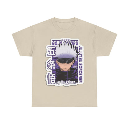 Chic beige Gojo Satoru T-shirt showcasing the captivating 'Jujutsu Sorcerer' artwork, ideal for the discerning anime fan.