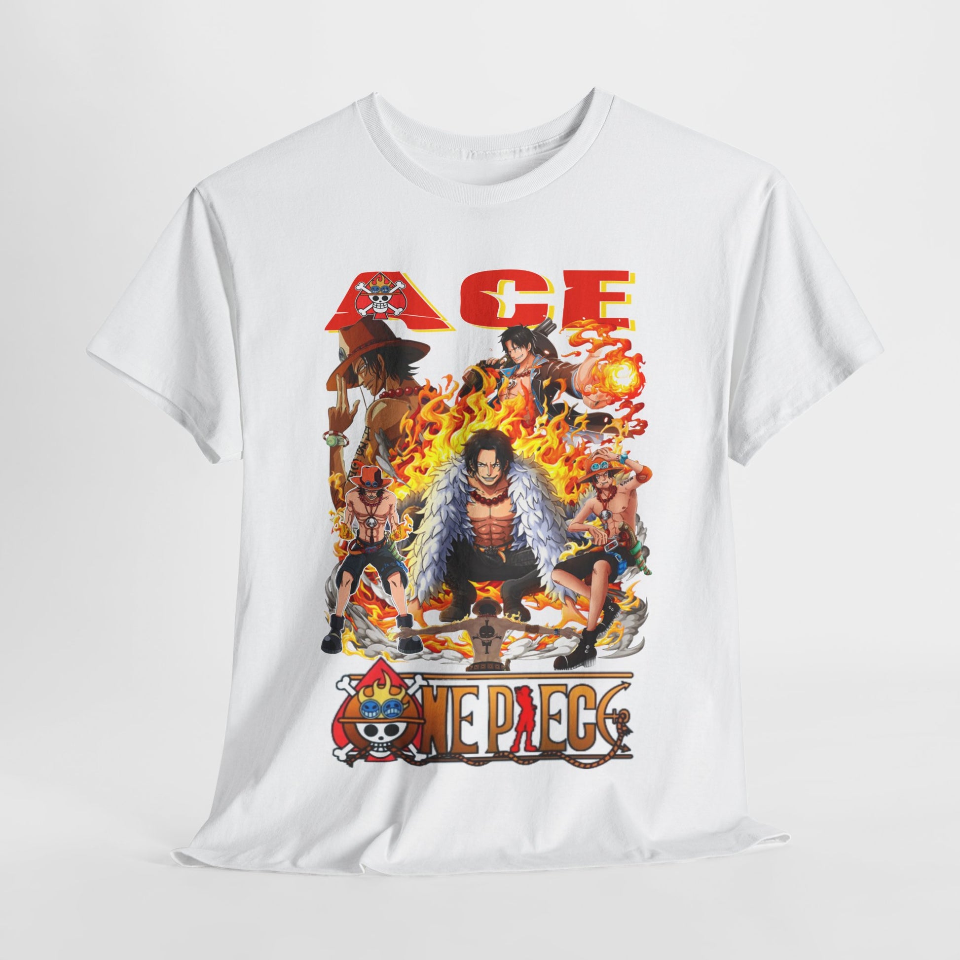 Artistic display of Men's t-shirt featuring iconic One Piece characters, presenting Ace's dynamic graphic design with flame accents in a luxurious setting.