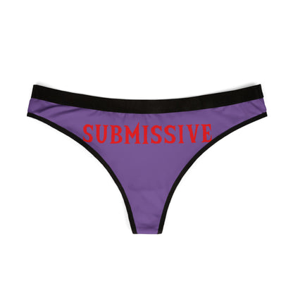 Stylish purple women's thong featuring the word 'SUBMISSIVE' in striking red, elegantly displayed on a plain background for an eye-catching appearance.