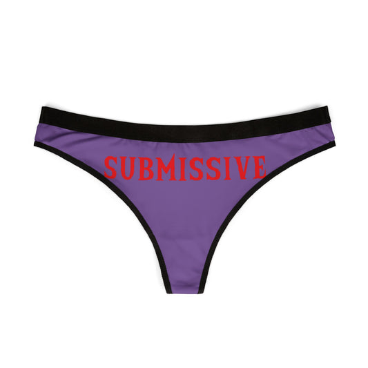 Stylish purple women's thong featuring the word 'SUBMISSIVE' in striking red, elegantly displayed on a plain background for an eye-catching appearance.