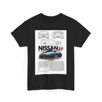 Stunning black Nissan GTR R35 T-Shirt featuring high-quality technical designs and automotive details, perfect for enthusiasts seeking luxury in apparel.
