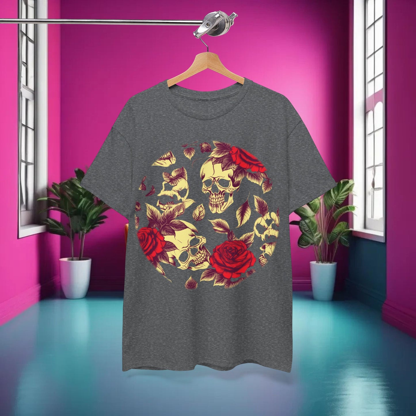 Skulls and Roses Cotton Tee, Unisex Graphic Shirt, 7 color choice