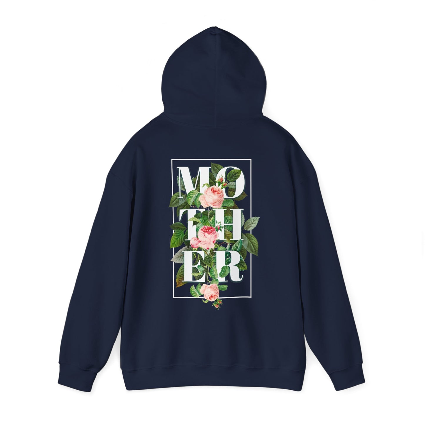 Chic navy blue hoodie with luxurious floral back print, featuring bold 'MOTHER' lettering, a perfect statement piece.