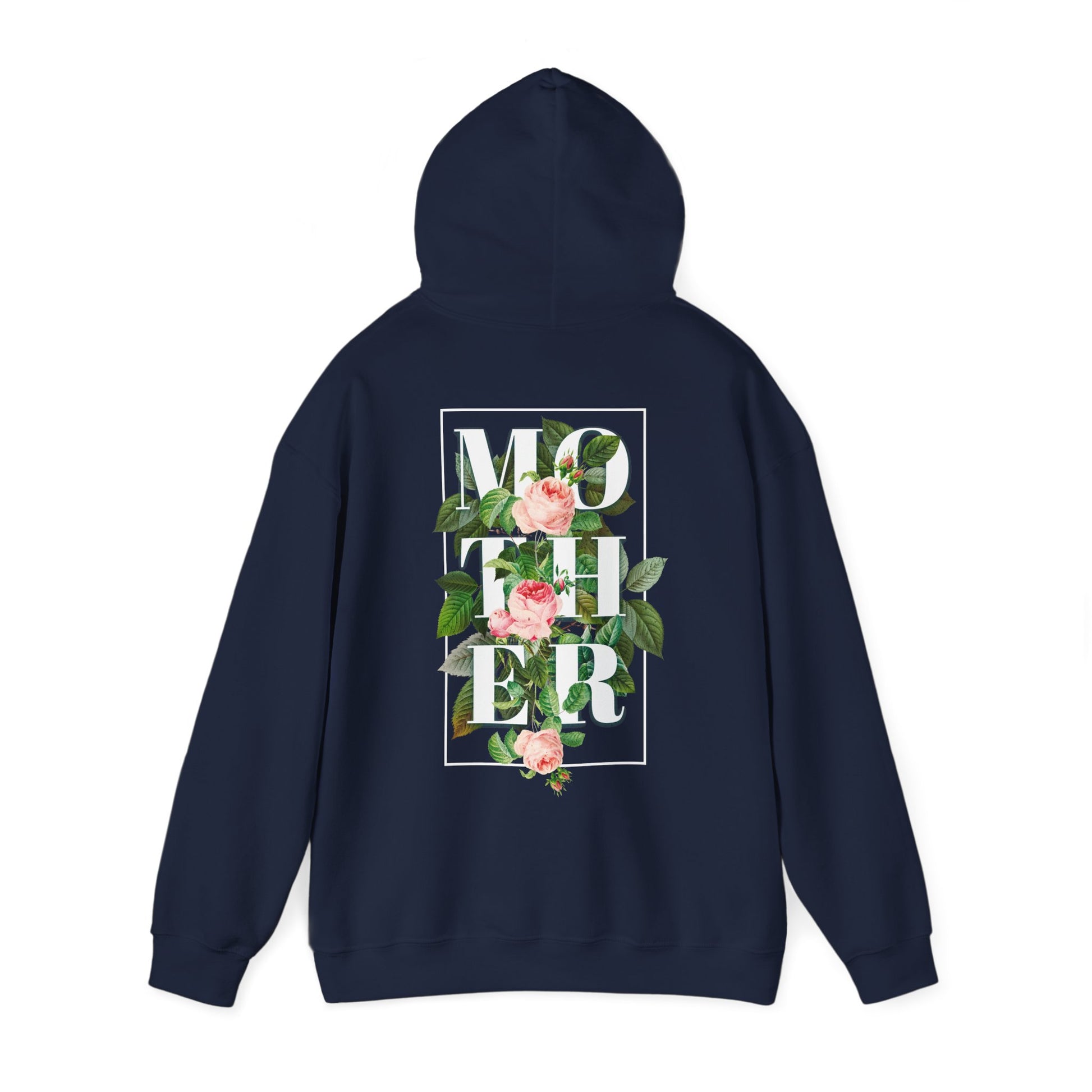 Chic navy blue hoodie with luxurious floral back print, featuring bold 'MOTHER' lettering, a perfect statement piece.