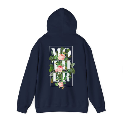 Chic navy blue hoodie with luxurious floral back print, featuring bold 'MOTHER' lettering, a perfect statement piece.