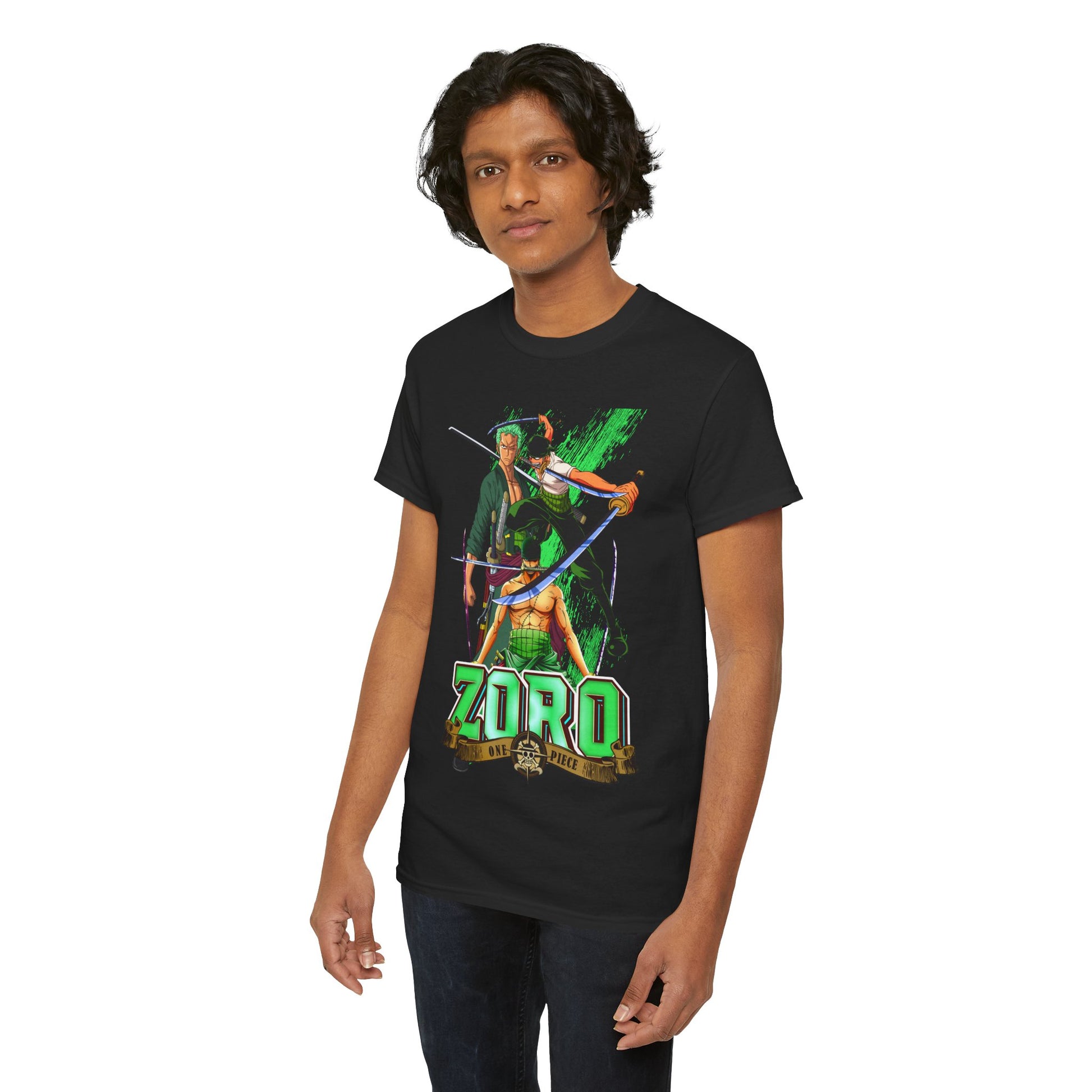 Elegantly styled black t-shirt highlighting an artistic portrayal of Zoro from One Piece, designed for discerning anime fans seeking premium apparel.