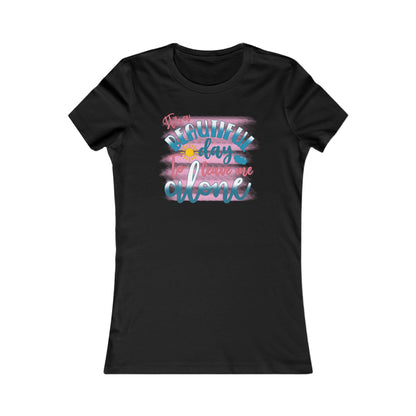 Close-up of Women's T-Shirt: Beautiful Day Watercolor Design showing cheerful sun and playful teal cloud, perfect for adding humour to your wardrobe.