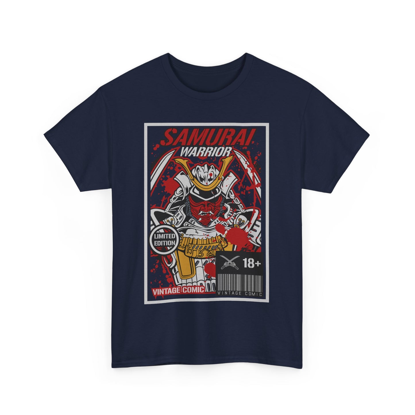 Striking navy blue men's t-shirt featuring a vintage comic-style graphic of a samurai warrior, complete with bold red accents and a 'Limited Edition' badge.