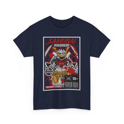 Striking navy blue men's t-shirt featuring a vintage comic-style graphic of a samurai warrior, complete with bold red accents and a 'Limited Edition' badge.