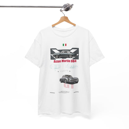 Elegant white men's t-shirt featuring a stylish Aston Martin DB4 graphic with engine drawings and logo, hanging on a wooden hanger.