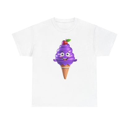 Scoop of Joy: Cartoon Ice Cream Cone Character Tee in white, showcasing a happy cartoon ice cream character adorned with a purple scoop, designed for those who appreciate whimsical fashion in luxury cotton.
