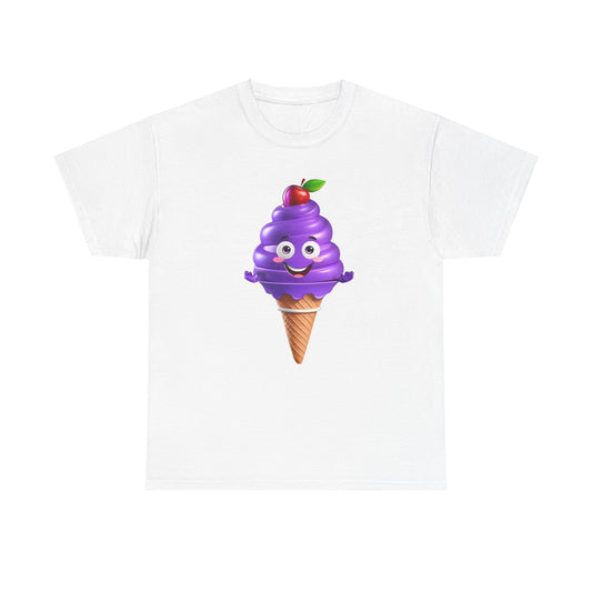 Scoop of Joy: Cartoon Ice Cream Cone Character Tee in white, showcasing a happy cartoon ice cream character adorned with a purple scoop, designed for those who appreciate whimsical fashion in luxury cotton.