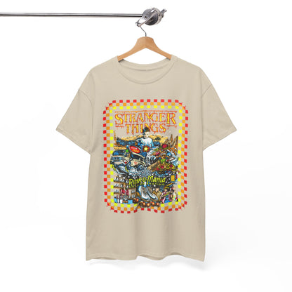 Luxurious unisex Stranger Things Rink O Mania graphic tee displayed on a hanger, showcasing distinctive '80s-themed artwork and a stylish, relaxed fit.