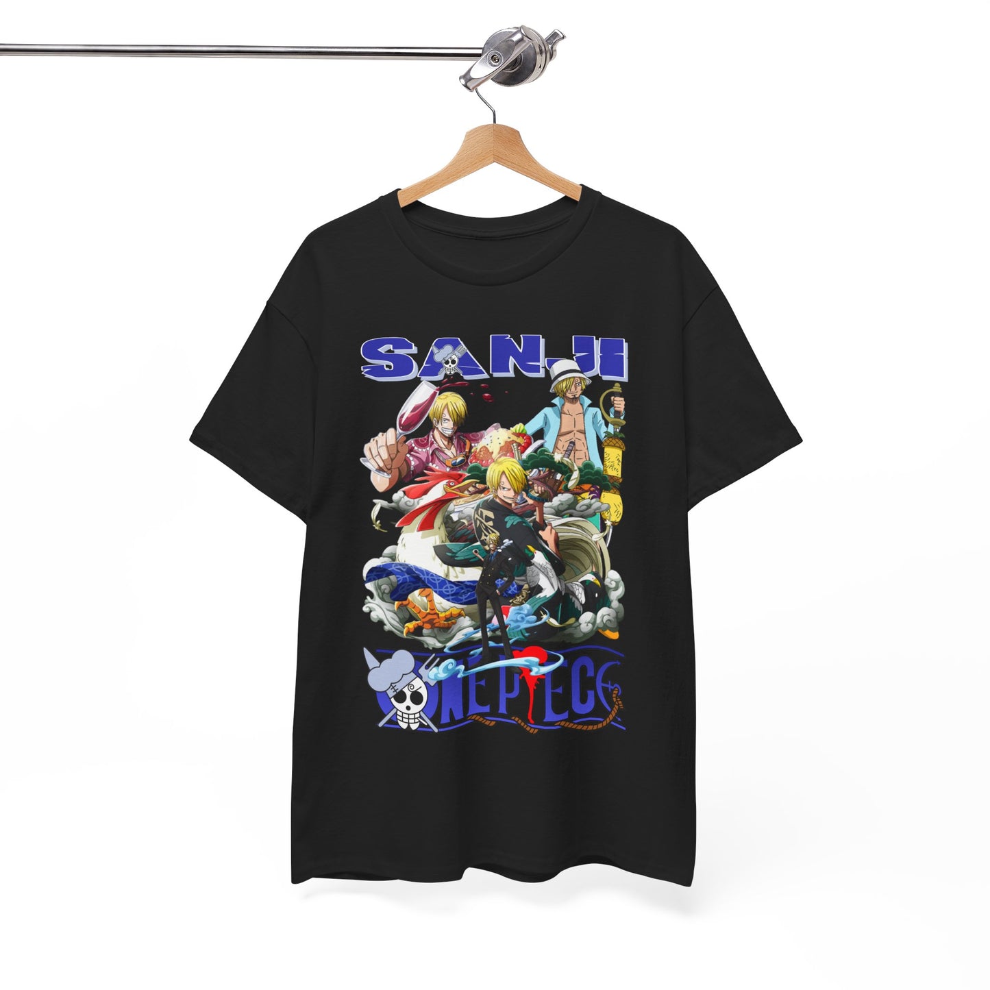 Sophisticated black t-shirt showcasing an intricate illustration of Sanji from One Piece, suspended on a contemporary hanger against a minimalist backdrop.
