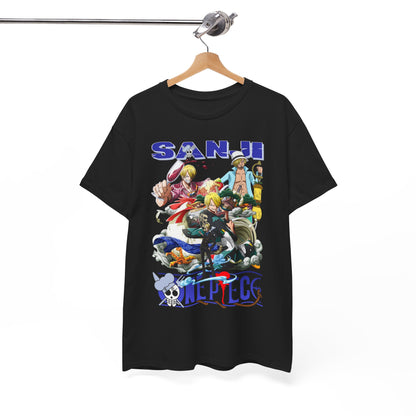 Sophisticated black t-shirt showcasing an intricate illustration of Sanji from One Piece, suspended on a contemporary hanger against a minimalist backdrop.