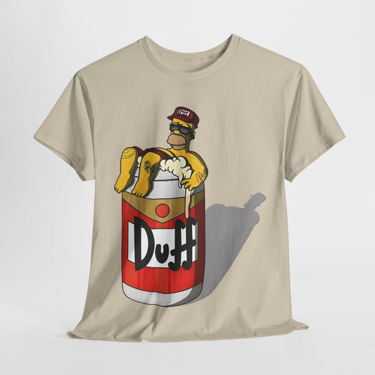 Homer-ic Indulgence Graphic T-Shirt in beige showcasing Homer Simpson lounging in a colourful Duff beer can, ideal for a luxurious yet fun wardrobe.