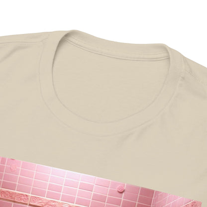 Close-up view of the neckline of a premium men's t-shirt showcasing a unique Stormtrooper graphic in a pink bathtub, highlighting quality craftsmanship and distinctive design.