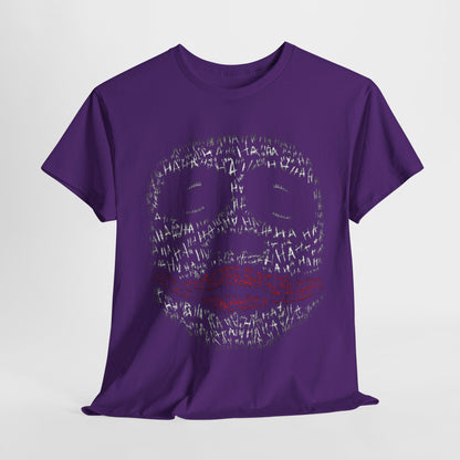 Luxury purple graphic t-shirt featuring a striking Joker mask design, subtly highlighted with 'HA' motifs, perfect for adding a touch of edgy style.
