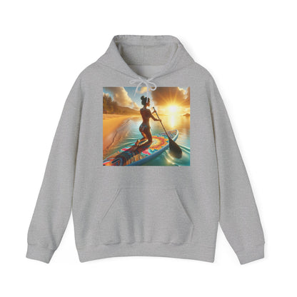 Fantasy Paddleboarding Unisex Hooded Sweatshirt featuring a vibrant design of a paddleboarder enjoying a sunset on the water, capturing the essence of adventure and luxury.