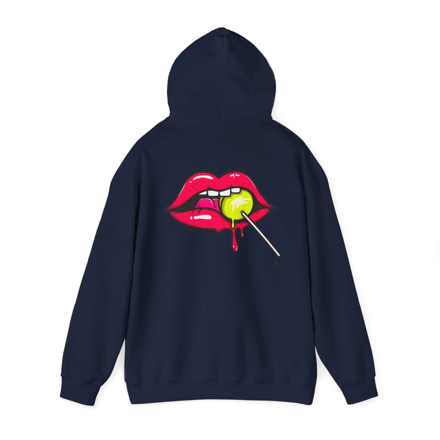 Stylishly designed navy hoodie, highlighting a vibrant graphic of glossy pink lips holding a lemon lollipop, perfect for an eye-catching look.