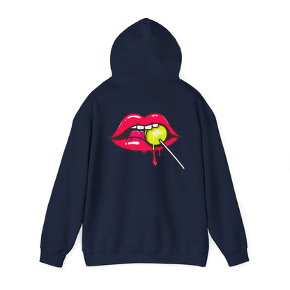 Stylishly designed navy hoodie, highlighting a vibrant graphic of glossy pink lips holding a lemon lollipop, perfect for an eye-catching look.