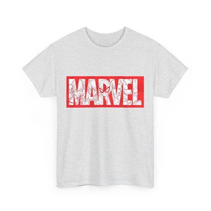 Chic front view of the 'MARVEL' graphic tee in grey, featuring striking red lettering and detailed superhero motifs, ideal for discerning fans.
