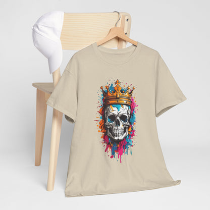 Chic T-shirt artfully draped over a wooden chair, featuring an eye-catching skull design with a regal crown, set against a backdrop of lively colours, ideal for a fashionable casual look.