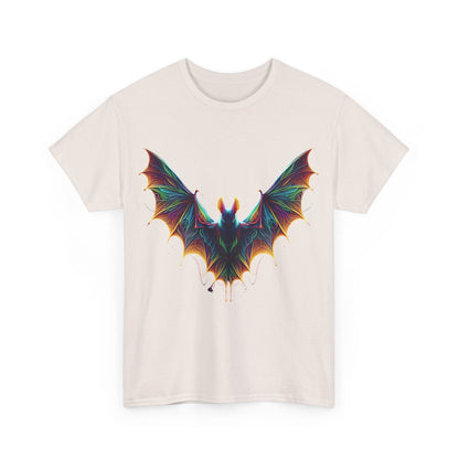 Front view of Radiant Evolution Bat Tee featuring an intricately designed bat in vibrant rainbow colours, symbolising artistry and individuality.