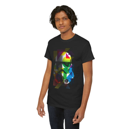 Chic male model in a colourful Stormtrooper helmet graphic T-shirt, illustrating a modern artistic interpretation for the discerning fan.