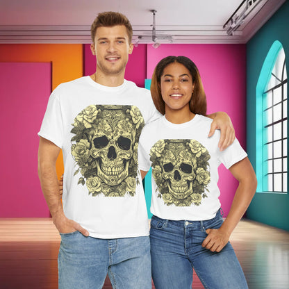 Skulls and Roses Cotton Tee unisex graphic shirt worn by a male and female model, set against a stylishly colourful background. The shirt showcases a striking skull and rose design, ideal for those seeking fashionable individuality.