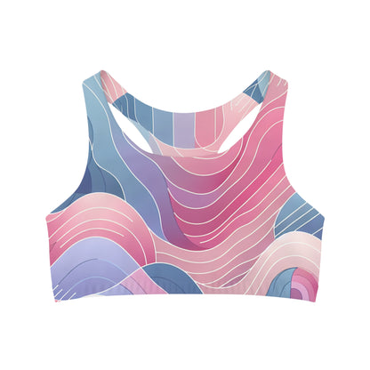 Serena Valentina Abstract Pastel Sports Bra featuring a luxurious blend of pastel pink, purple, and blue hues in a contemporary design, crafted from soft microfiber.