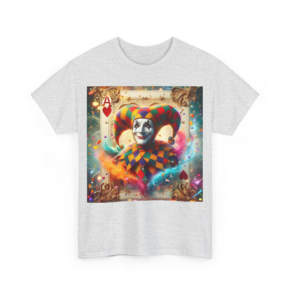 Harlequin Playing Card Graphic Tee in grey displaying a whimsical jester design, combining luxury and casual elegance.