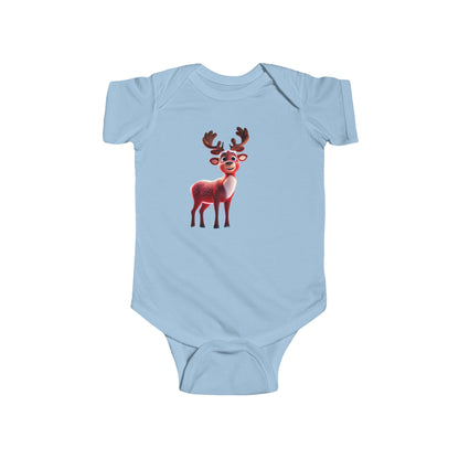 Christmas Reindeer Bodysuit in blue featuring a cheerful cartoon reindeer design, perfect for infants. A luxurious and cute baby romper available in five vibrant colours, ideal for festive occasions.