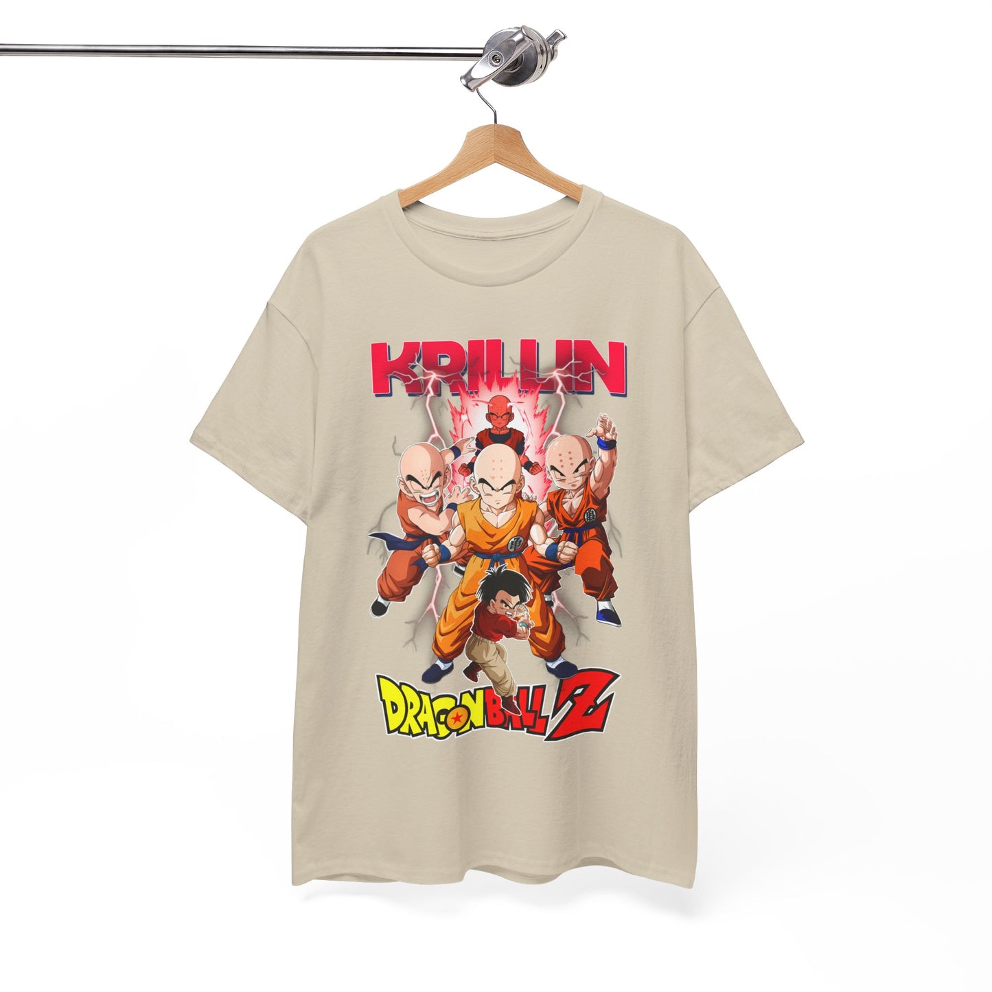 Luxurious Krillin & Z Fighters t-shirt showcasing a vibrant graphic of Krillin and fellow warriors from Dragon Ball Z, set against a dynamic lightning background, perfect for anime enthusiasts.