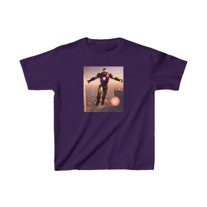 Kids Iron Man Heavy Cotton T-Shirt featuring an Iron Man graphic, perfect for young fans of the Marvel franchise, available in vibrant purple.