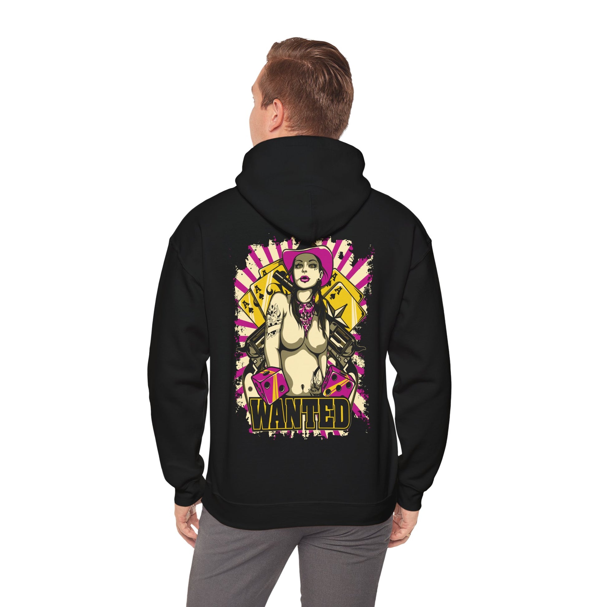 Elegant black hoodie featuring a striking back print design of a confident female character with a pink cowboy hat, vibrant playing dice and bold 'WANTED' typography, perfect for a daring stylish statement.