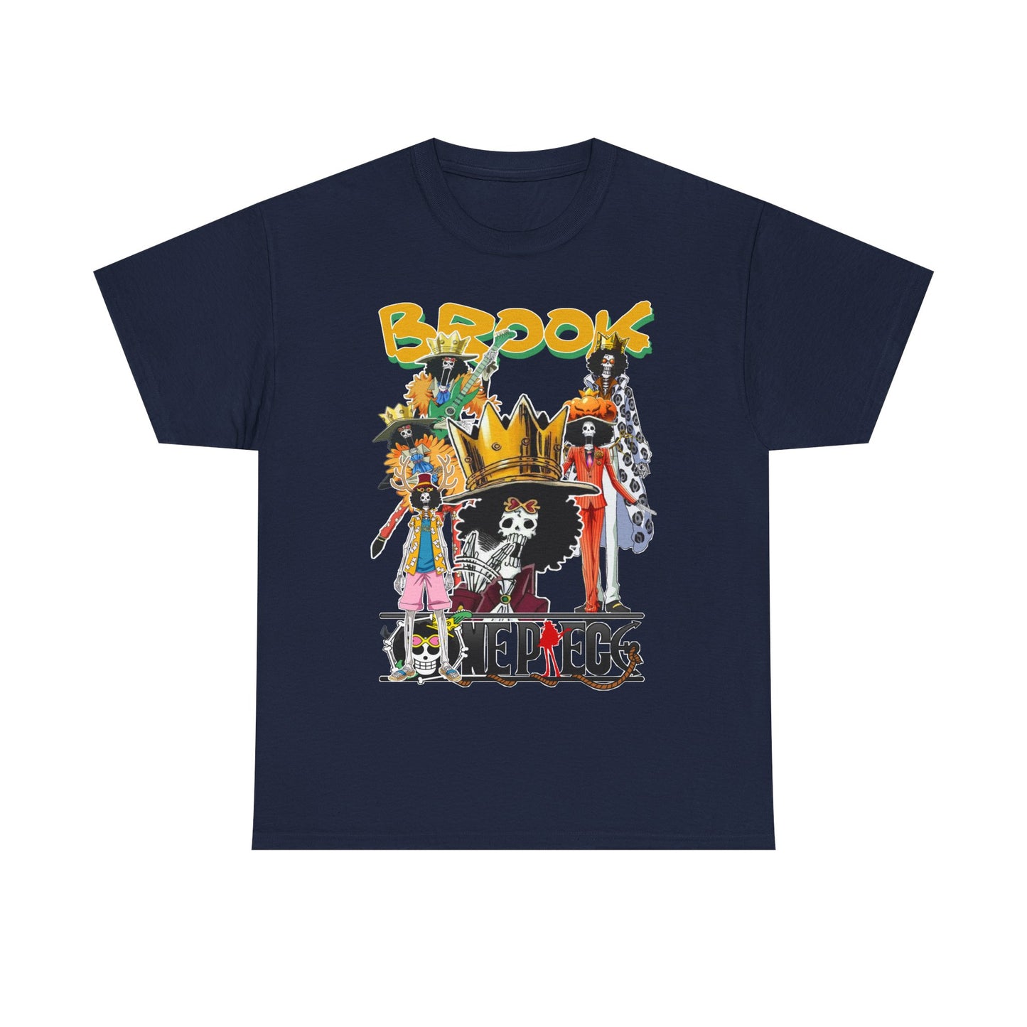 Elegant navy anime t-shirt presenting a stunning collage of Brook characters, ideal for anime enthusiasts seeking stylish expression.