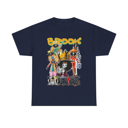Elegant navy anime t-shirt presenting a stunning collage of Brook characters, ideal for anime enthusiasts seeking stylish expression.