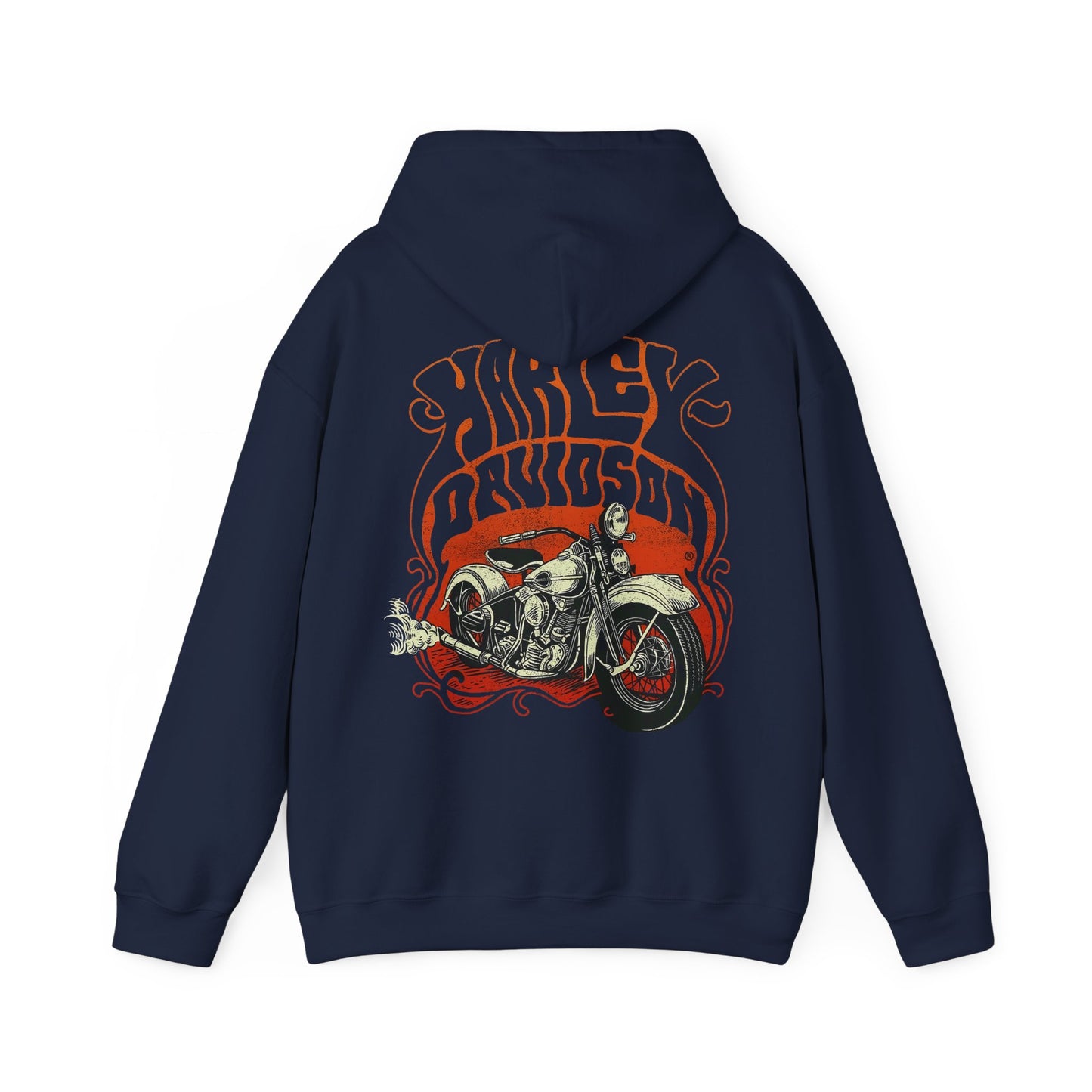 Sophisticated navy vintage Harley Davidson hoodie with a stunning back graphic of a classic motorcycle, highlighted by fiery orange tones for a bold statement.