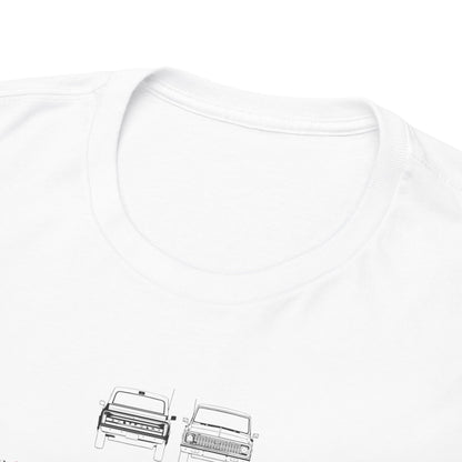 Close-up of a white luxury t-shirt collar, featuring artistic sketches of the Chevrolet C-10, emphasizing meticulous attention to detail in automotive fashion.