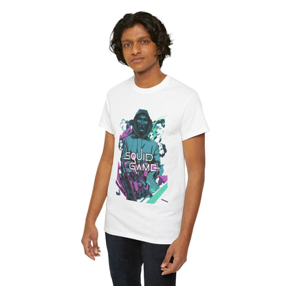 Portrait of a male model in a contemporary Squid Game graphic t-shirt, blending luxury and casual wear for those who appreciate unique fashion statements.