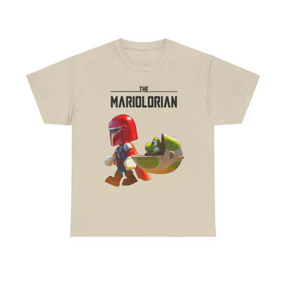 Premium quality beige t-shirt adorned with the 'Mariolorian' graphic, depicting a charming red-armoured figure alongside an endearing green companion, ideal for discerning fans of pop culture and stylish attire.