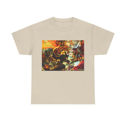Discworld Equal Rites Graphic Unisex Tee featuring a vibrant fantasy artwork depicting a whimsical battle scene, made from soft-touch fabric for ultimate comfort—ideal for literary fans.