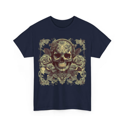 Skulls and Roses Cotton Tee, unisex graphic shirt featuring an intricate steampunk design with a detailed skull and roses, perfect for alternative fashion enthusiasts.