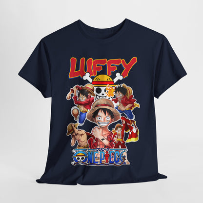 Chic presentation of navy T-shirt with striking anime graphic print, embodying adventure and camaraderie, suitable for fashionable anime enthusiasts.