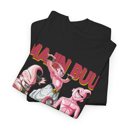 Premium black men's t-shirt featuring vibrant Majin Buu anime characters and bold lettering, showcasing a dynamic and artistic design.